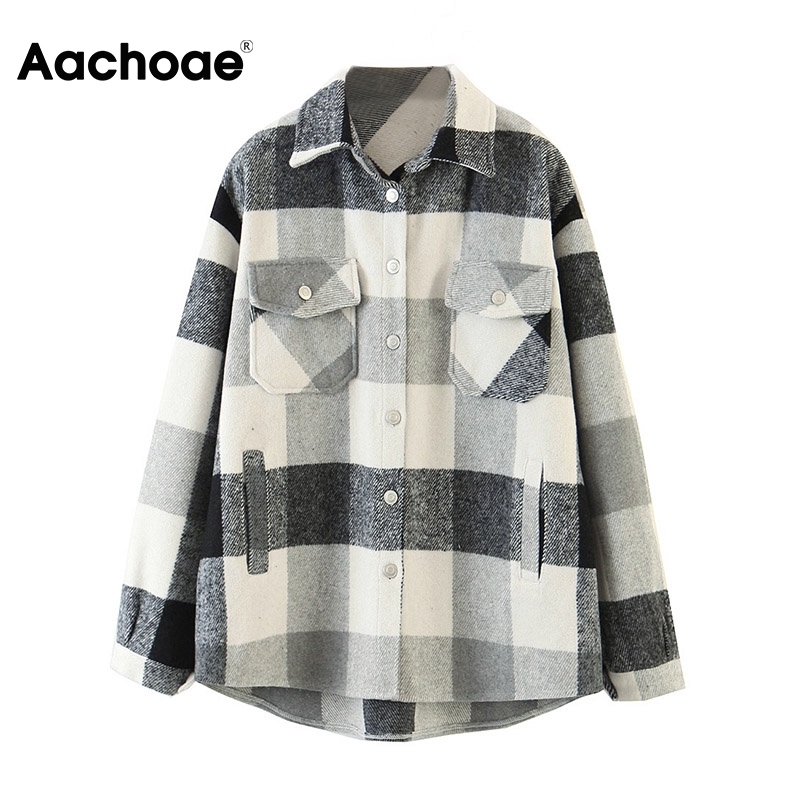 Aachoae Loose Casual Wool Plaid Jacket Women Turn Down Collar Fashion Coat With Pockets Autumn Long Sleeve Ladies Jackets Coats 200919