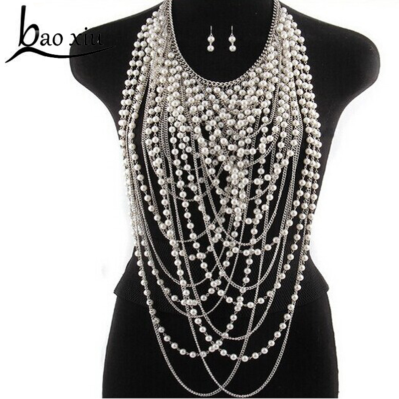 Exaggerated beaded super long pendants necklace women trendy pearl choker necklace body jewelry gold shoulder chain Y200918