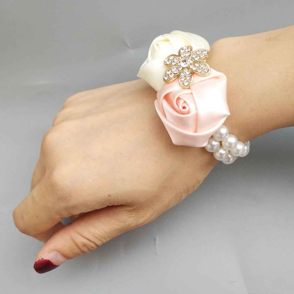 White Pearls Beading Bridesmaid Wrist Corsage Silk Rose Flowers Hand Made Wedding Party Accessories Supplies Bridal Ribbon Simulation Rhinestone Wrist