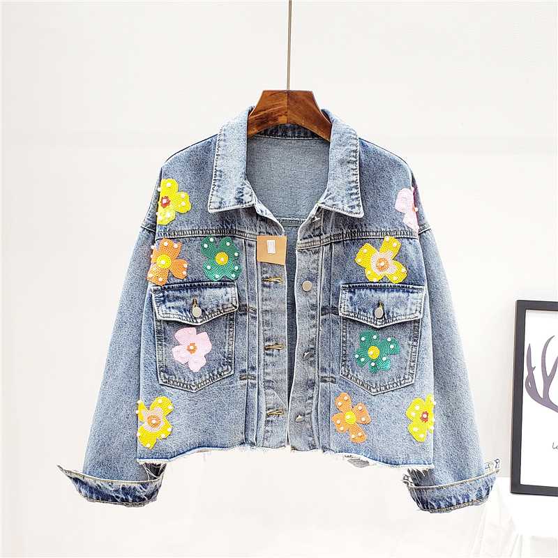 Fashion Handwork Sequins Flowers Denim Jacket Coat Women Loose Long sleeve Short Jeans Jacket Female Casual Student Streetwear, Blue
Fashion Handwork Sequins Flowers Denim Jacket Coat Women Loose Long sleeve Short Jeans Jacket Female Casual Student Streetwear, Blue