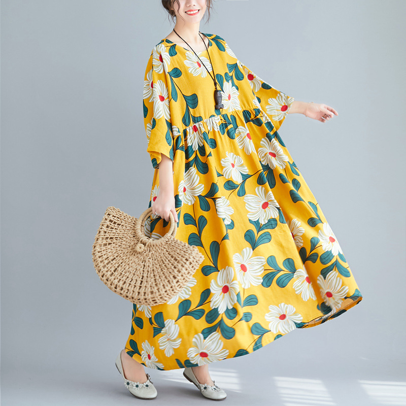 Johnature Casual Print Loose Natural Half Sleeve Summer Dress Pockets Mid-calf O-neck Batwing Sleeve Cotton Women Dress, Style 3
Johnature Casual Print Loose Natural Half Sleeve Summer Dress Pockets Mid-calf O-neck Batwing Sleeve Cotton Women Dress, Style 3