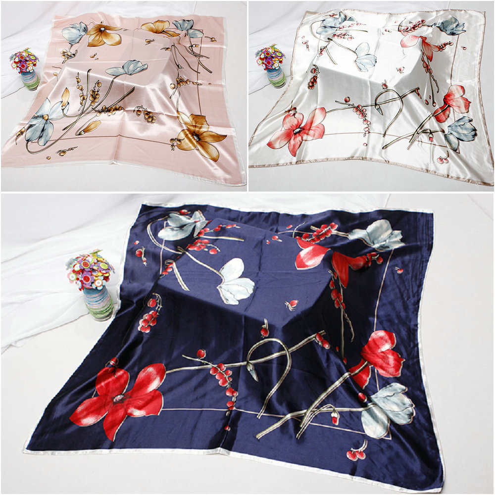 2019 Fashion Head Scarf For Women Floral Print Silk Satin Hijab Scarfs Female 90*90cm Square Shawls Kerchief Scarves For Ladies T200910