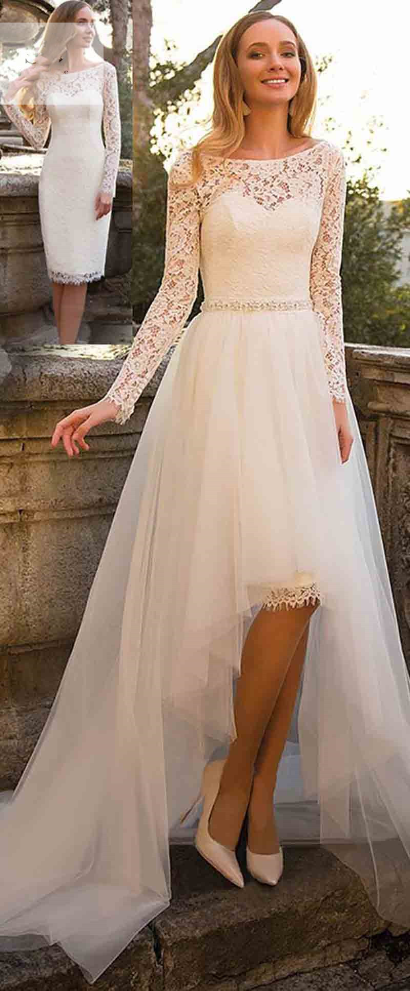 2021 A Line Lace Wedding Dresses Bridal Gowns With Detachable Train High Low Long Sleeves Big Bow Bride Dress Short Front