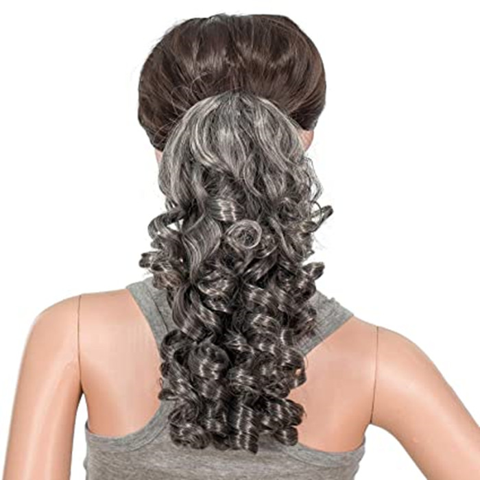 DIVA Short Screw Curls grey hair Ponytail Extensions Clips Drawstring Curly Ponytail Hairpiece drawstring human Hair Extension (Gray) 12inch
