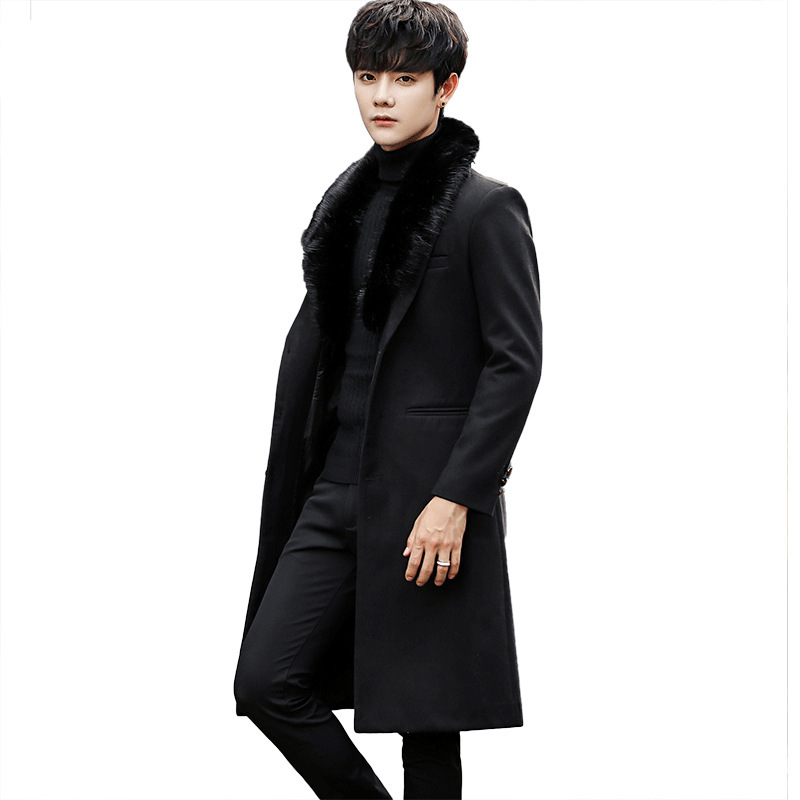 Men's Wool & Blends Winter 2021 Korean Fashion Slim Woolen Overcoat Mid-Length Large Fur Collar Trench Coat