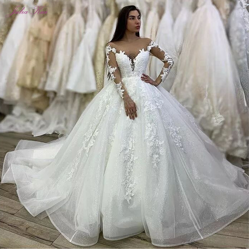 Julia Kui Full Sleeve Wedding Dress Ball Gown With Sparkle Lace Of Shiny Beads Scoop Neckline Bridal Dress, Champagne
Julia Kui Full Sleeve Wedding Dress Ball Gown With Sparkle Lace Of Shiny Beads Scoop Neckline Bridal Dress, Champagne