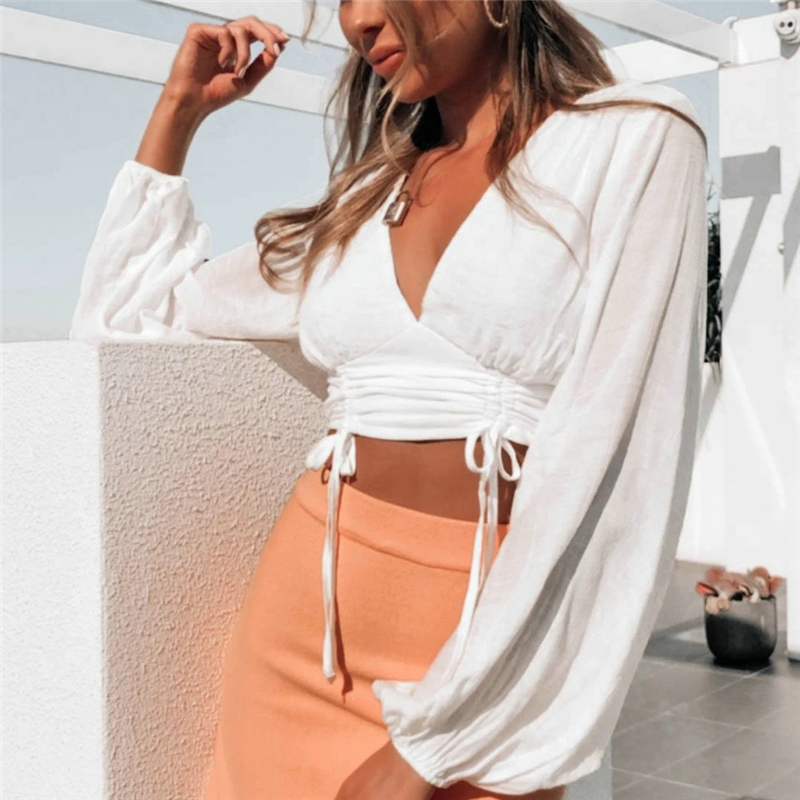 2020 Fashion Ladies Deep V neck T-shirt Girls Summer Autumn Solid white Long Sleeve Casual Crop Top for Vacation, As pic
2020 Fashion Ladies Deep V neck T-shirt Girls Summer Autumn Solid white Long Sleeve Casual Crop Top for Vacation, As pic