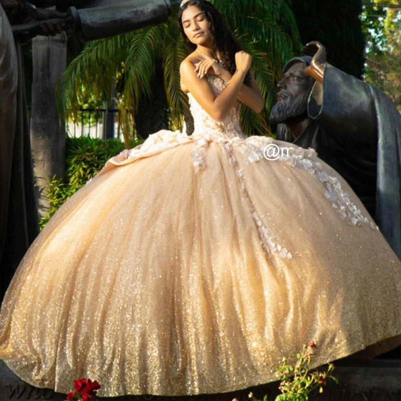Champagne Quinceanera Dresses 3D Foral Sweetheart Ball Gown Prom Dresses With Bow Corset Back Vestidos De 15 Anos
