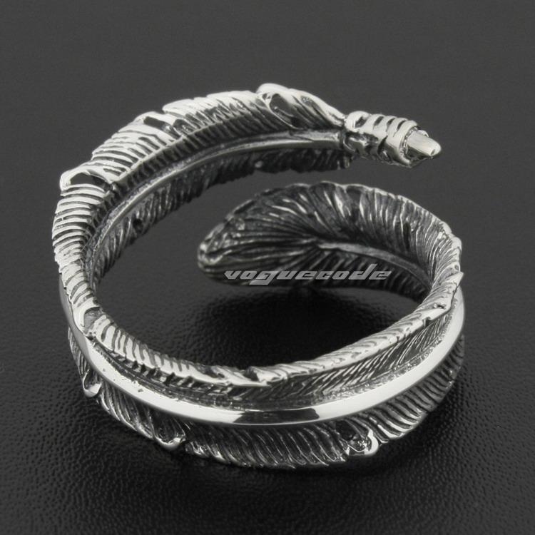 Size Adjustable 925 Sterling Silver Feather Mens Rocker Ring