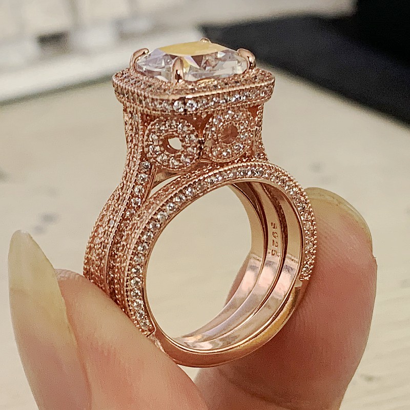 2020 New Arrival Stunning Luxury Jewelry 925 Sterling Silver&Rose Gold Full Cushion Shape White Topaz CZ Diamond 3PCS Women Wedding Ring