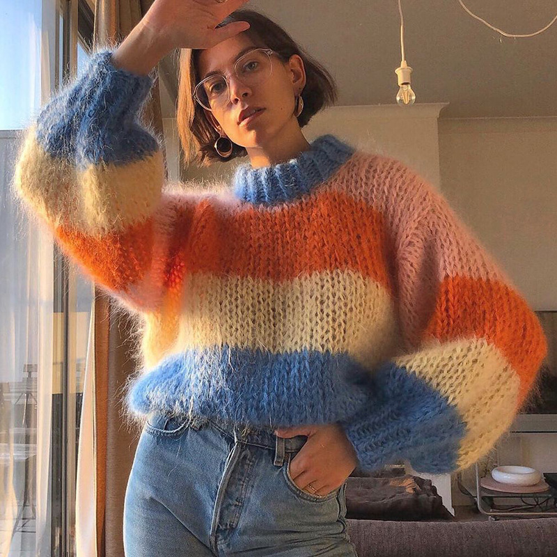 Rainbow Striped Knit Pullover Sweater Turtleneck Women Long Sleeve Fashion Loose 2020 Autumn Streetwear Winter Clothes for Women, Multicolor
Rainbow Striped Knit Pullover Sweater Turtleneck Women Long Sleeve Fashion Loose 2020 Autumn Streetwear Winter Clothes for Women, Multicolor