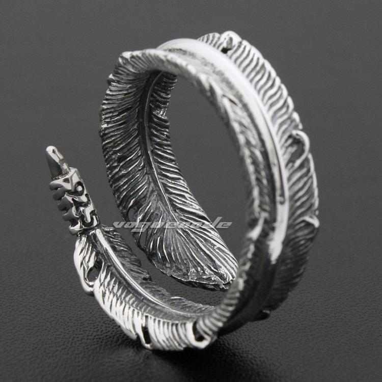 Size Adjustable 925 Sterling Silver Feather Mens Rocker Ring