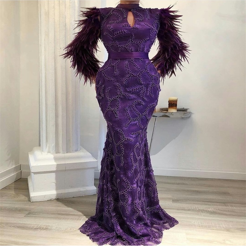 Purple Gorgeous Prom Dresses Chic High-Neck Besded Feather Appliqued Mermaid Evening Dress Long Sleeves Special Formal Party Dresses