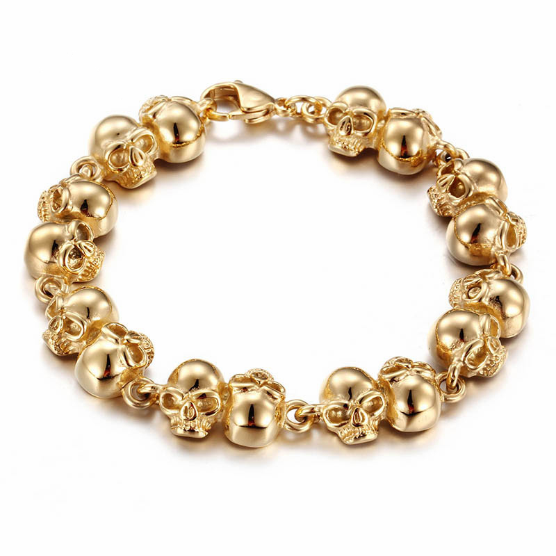 New Arrival 20.5cm Gold Color Stainless Steel Skull Biker Bracelet Rose Gold Skull Punk Bracelet Men's Gothic Accessories
New Arrival 20.5cm Gold Color Stainless Steel Skull Biker Bracelet Rose Gold Skull Punk Bracelet Men's Gothic Accessories