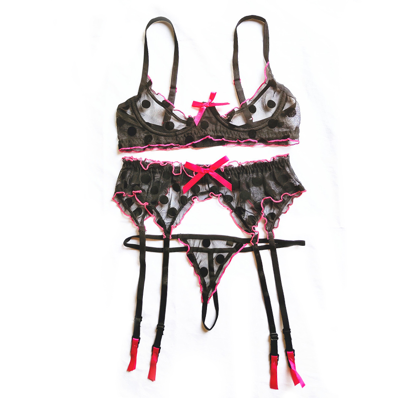 French Red Gauze Mesh Bow Flocking Underwire Push Up Bra and Panty with Garter Transparent Bra Women Lingerie Set, Black
French Red Gauze Mesh Bow Flocking Underwire Push Up Bra and Panty with Garter Transparent Bra Women Lingerie Set, Black