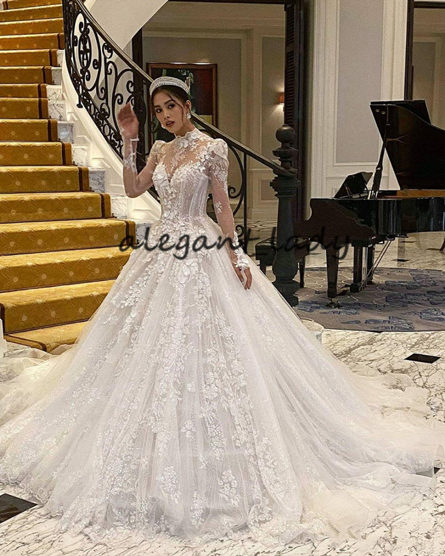 Luxury Long Sleeve Wedding Dresses 2021 Lace Floral Sparkly Crystal Chapel Train vestido de noiva india High neck Bridal Gowns