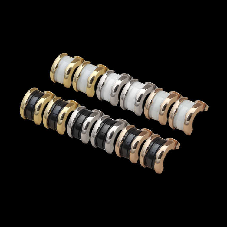 Europe America Style Lady Women Titanium Steel B Initials C-shape Black White Ceramic Spiral Stud Earrings 3 Color