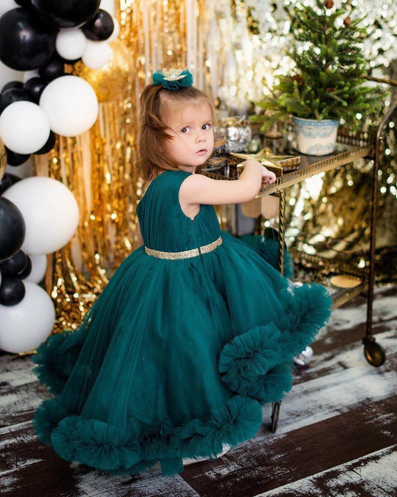 Hi-lo Hunter Green Girl's Pageant Dresses Ruffle One Shoulder Girls Birthday Party Gowns Custom Made Pleats Flower Girl Dress