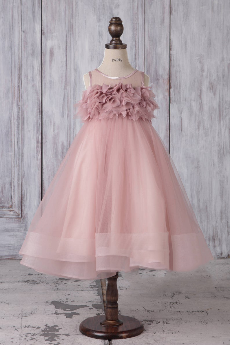 Blush Pink Flower Girl Dresses for Wedding Hot Sheer Jewel Neck Tiered Ruffles Kids Pageant Party Birthday Gown for Girls