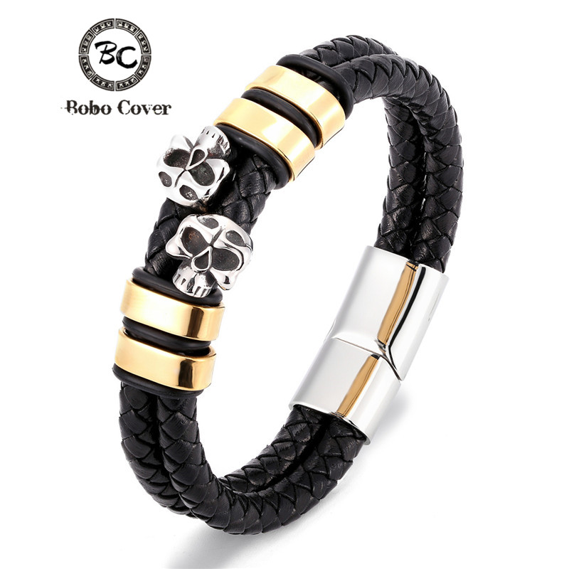 Punk Genuine Leather Stainless Steel Skull Bracelet Braid Double Layer Charm Bracelets Men Women Jewelry Gift homme dropshipping
Punk Genuine Leather Stainless Steel Skull Bracelet Braid Double Layer Charm Bracelets Men Women Jewelry Gift homme dropshipping