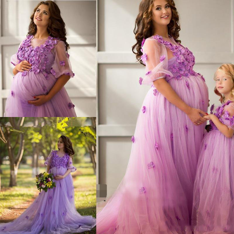 Romantic Empire Waist Pregnant Wedding Dresses 3D Flowers Appliques Princess Half Sleeve Garden Bridal Gowns Plus Size Women Wedding Dress