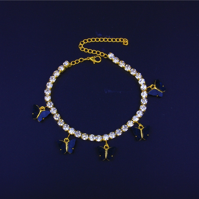 Acrylic Butterfly Women Anklets Iced Out Tennis Chain Leg Bracelet Rhinestone Silver Gold Animal Pendant Charms Fashion Beach Feet Jewelry