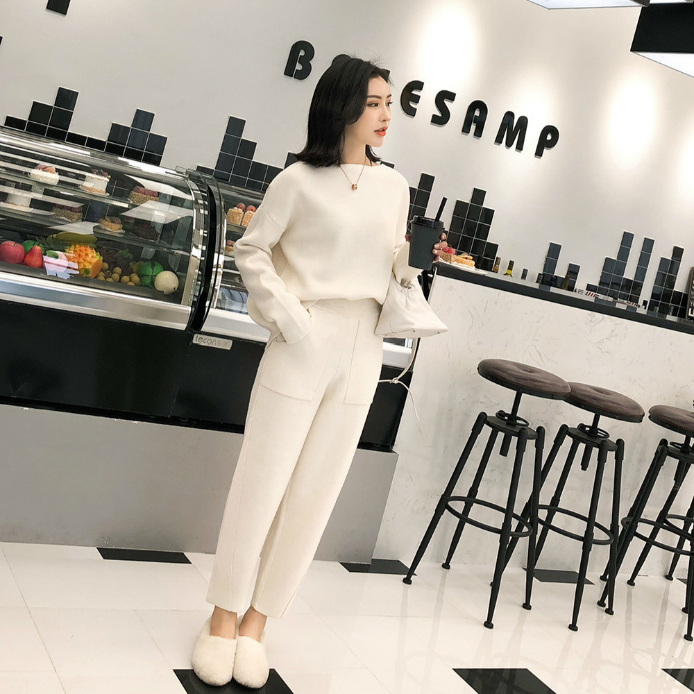Women Autumn Winter Knitted Sweater 2 Two Piece Set Casual Tracksuit Round Collar Jumpers with High Waist Wide Leg Pants T200916