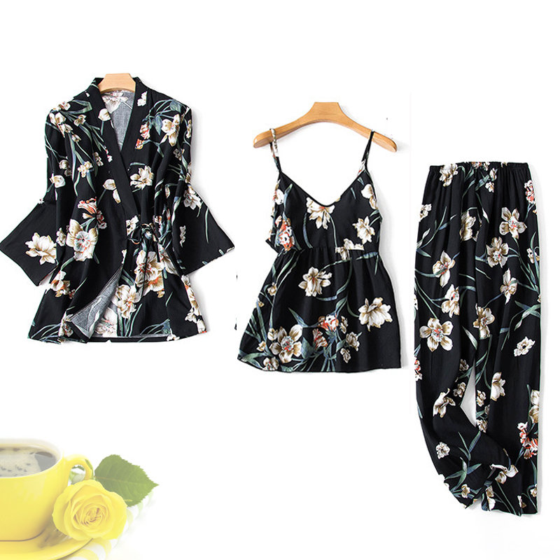 Women Pajamas Sets Sleepwear Sexy Lingeries Floral Printed Pajamas Robe for Ladies Night Suit Spring Autumn Homewear Pijamas 200919