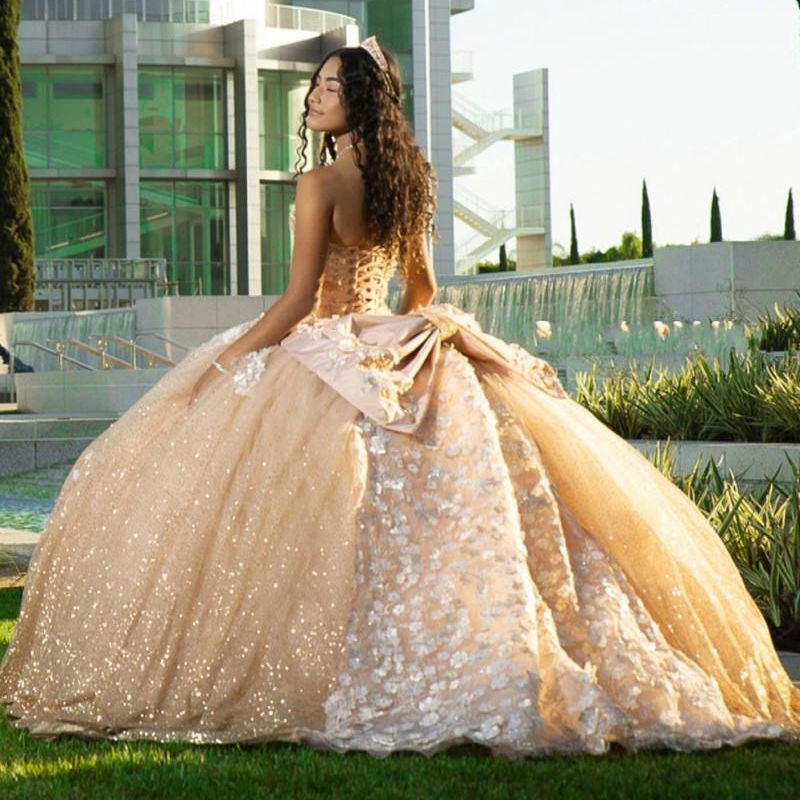 Champagne Quinceanera Dresses 3D Foral Sweetheart Ball Gown Prom Dresses With Bow Corset Back Vestidos De 15 Anos