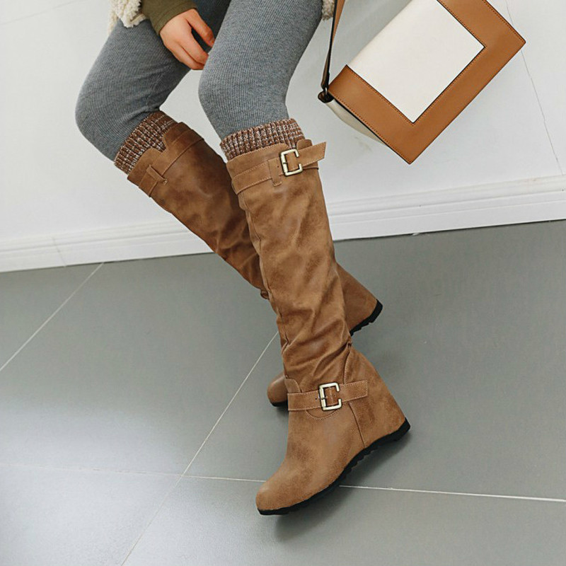 Women knee high Boots gladiator high heels wedges height incleasing shoes Booties vintage PU leather Shoe botas mujer HP2637, Black
Women knee high Boots gladiator high heels wedges height incleasing shoes Booties vintage PU leather Shoe botas mujer HP2637, Black