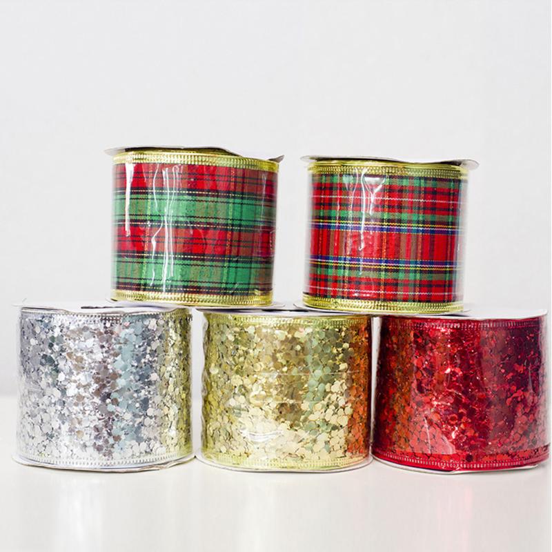 1 Roll 3m Christmas Decorations Ribbons Bowknot New Year DIY Material Party Craft Color Bar Sequins Plaid Ribbons Gift Packaging