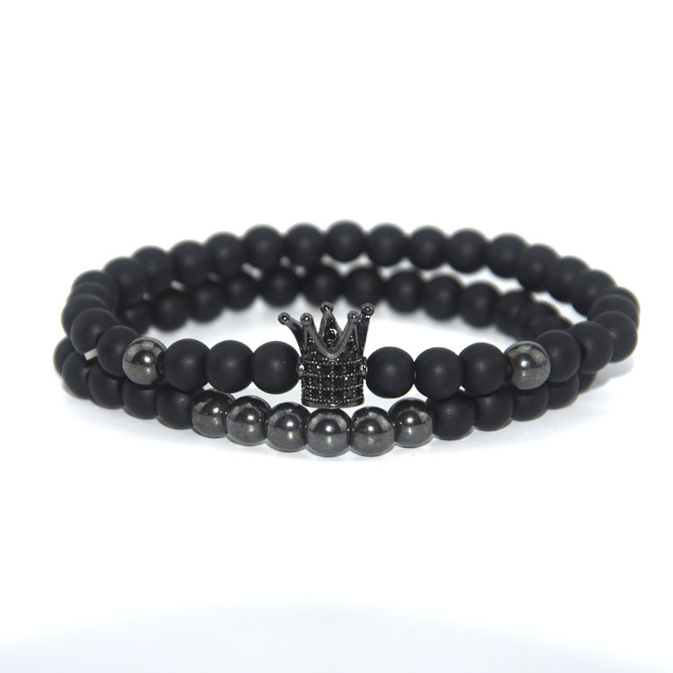 Fashion Black Lava Natural Stone Volcanic rock Beads Strand Bracelets Trendy Gold Crown Black Bright Bead Bracelet Dropshipping