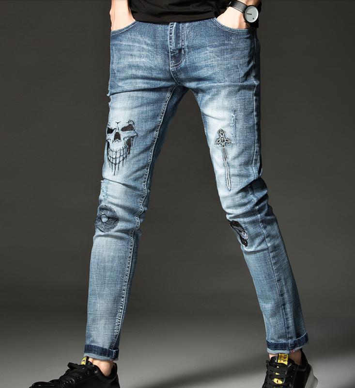 Skull Mens hop-hip Embroidery Soft Stretch Cotton Denim Slim Light Blue Jeans Vintage Casual Streetwear Pants
