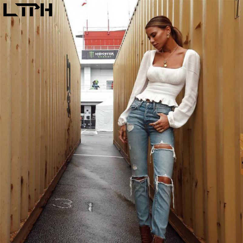 female summer new square collar shirt lantern sleeves long sleeves waist short chiffon white shirt womens tops and blouses