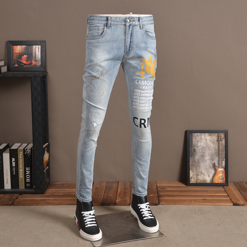 Jeans Men Skinny Ripped Fashion Light Blue Jean Print Pencil Pants Streetwear, Style 2
Jeans Men Skinny Ripped Fashion Light Blue Jean Print Pencil Pants Streetwear, Style 2