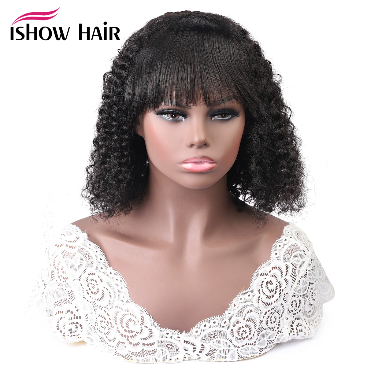 Ishow Brazilian Kinky Curly Bob Wigs Human Hair Wigs with Bangs Machine Made Wigs Peruvian Deep Curly Wave None Lace Wig Indian Malaysian