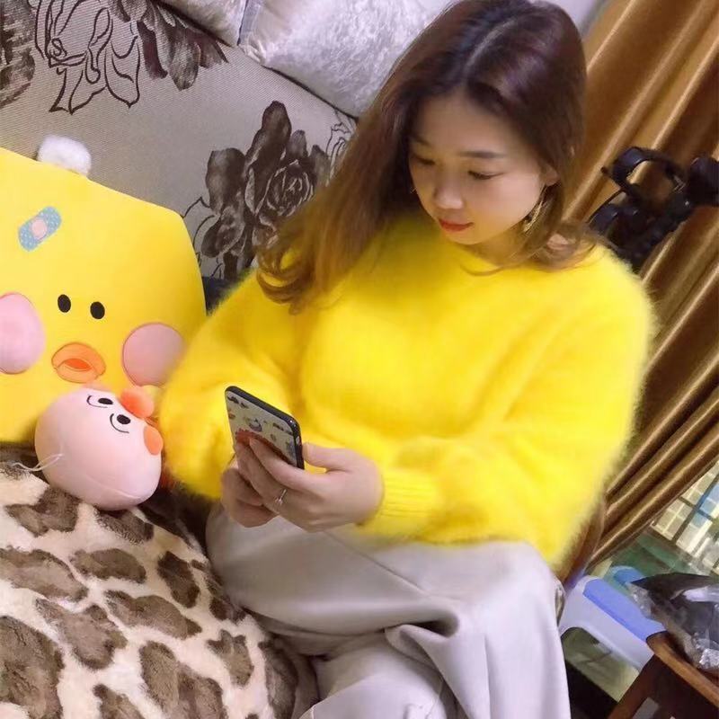 Elegant Fashion Fluffy short women winter 100% long mink cashmere angora fur warm lantern batwing long sleeves Pullover sweater LJ200917