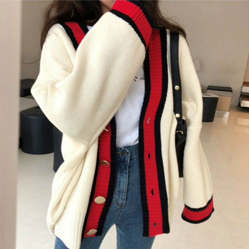 Women Autumn V-Neck Patchwork Sweater Coat Jacket Loose Plus Size Long Sleeve Button Up Knitted Cardigan 201221