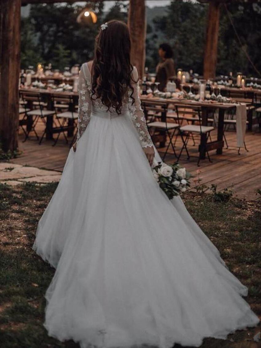 Princess Fairy Country Wedding Dresses 2021 Long Sleeve Backless Lace Tulle Bohemian Illusion Beach Bride Reception Gown Robes