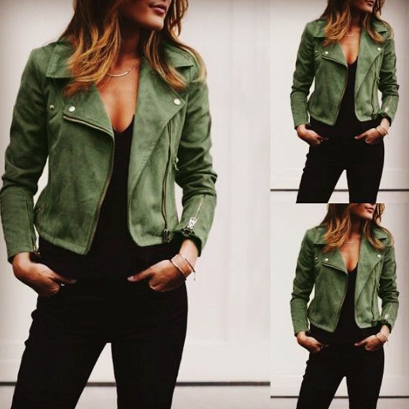 Womens Plus Size Long Sleeve Short Coat Faux Suede Lapel Motorcycle Biker Jacket Y1AC