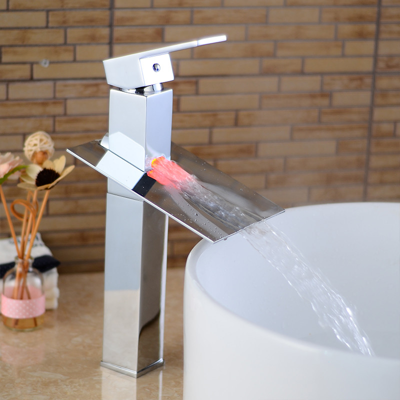 Bathroom Sink Faucets LED Basin Waterfall Faucet Chrome Finish 3 Colors Changing Light Mixer Water Tap LH-16819