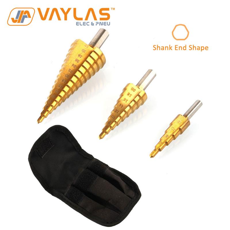 3-Piece Titanium Step Drill Bit Set High Speed Metal Steel Double Cutting Blades Hex or Special Shank with Pouch Packed
3-Piece Titanium Step Drill Bit Set High Speed Metal Steel Double Cutting Blades Hex or Special Shank with Pouch Packed