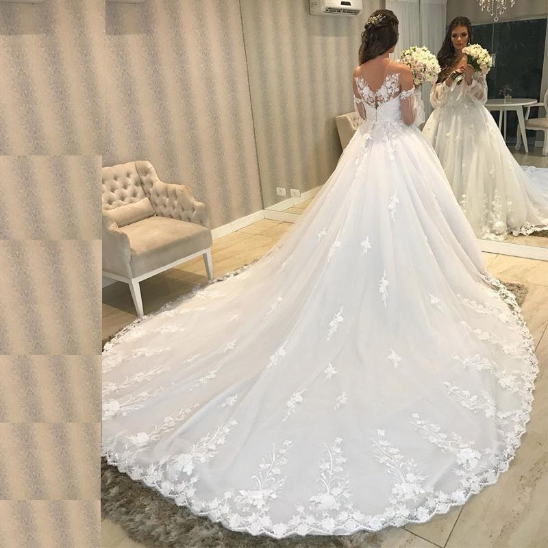 Illusion Full Sleeves Wedding Dresses Long Floral Lace Appliques V Neck Chapel Train Bridal Dress Princess robe de mariee