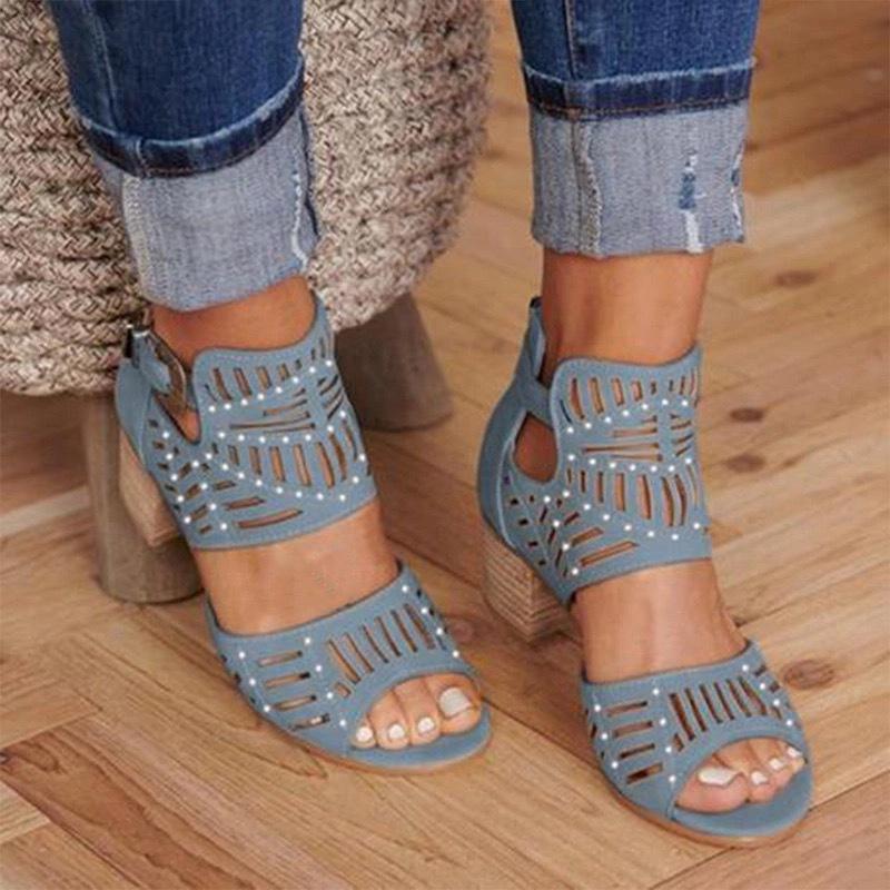 New Classic Women Fashion Sandals Thick heel Women Vintage Hollow carved Peep Toe Square Heel Wedges Sandals High Heels Shoes