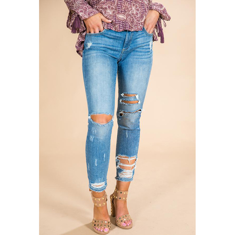 Fashion Casual High Waist Women Jeans Solid Hole Skinny Denim Pencil Jeans Bleached Pants, Blue
Fashion Casual High Waist Women Jeans Solid Hole Skinny Denim Pencil Jeans Bleached Pants, Blue