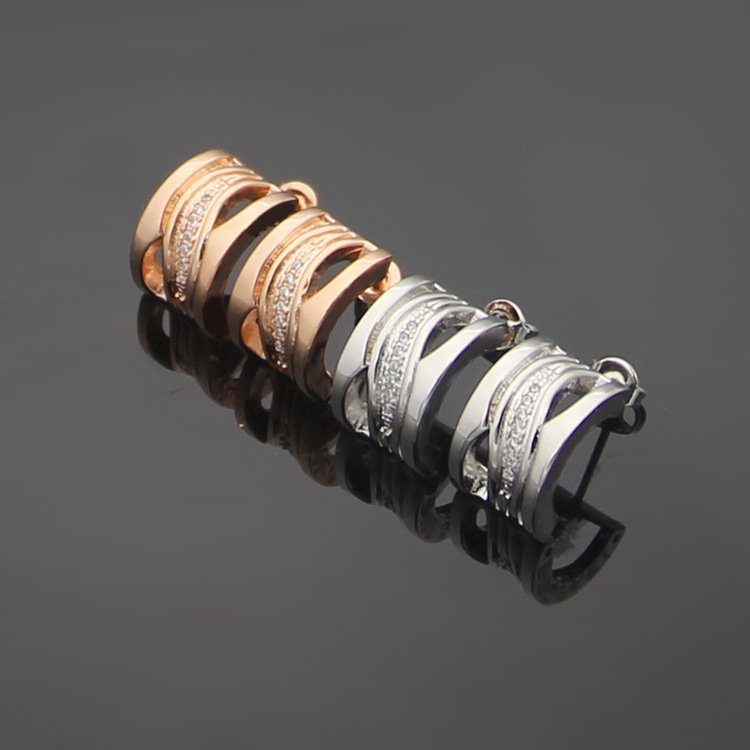 Europe America Style Lady Women Titanium Steel Engraved B Initials Hollow Out Diamond Spiral C-shape Stud Earrings 2 Color