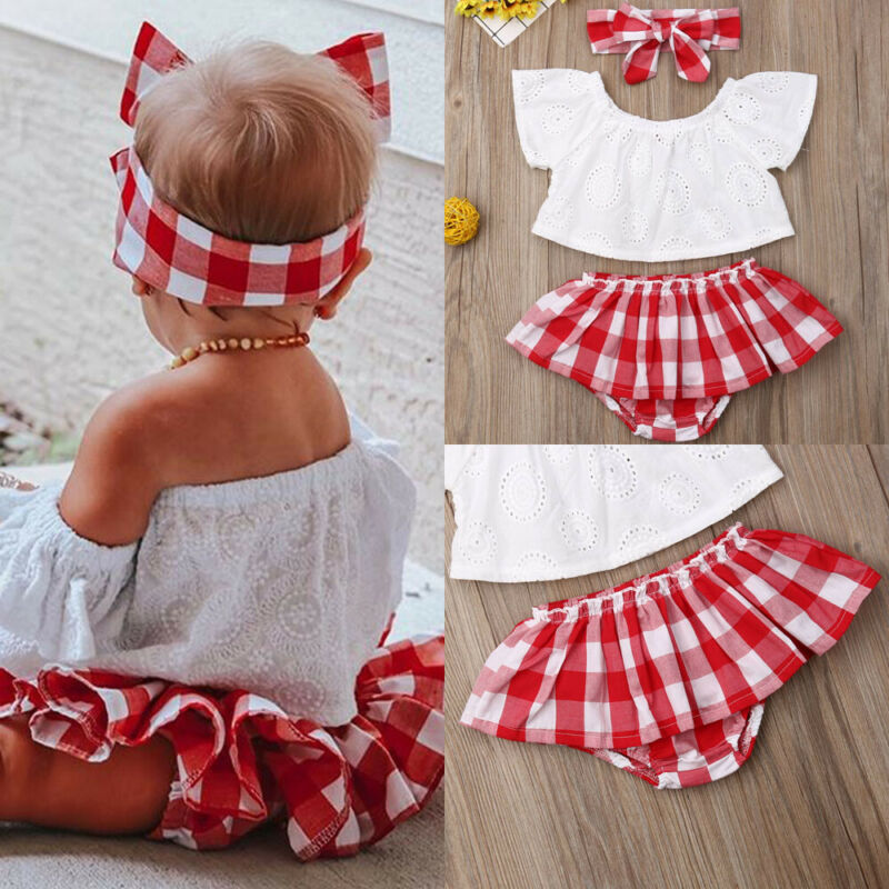 Baby Girl Sweet Clothes Infant Plaid Cute Newborn Baby Girl 3pcs Off Shoulder Tops+ Short Dress+headband Outfits 0-24 Months
