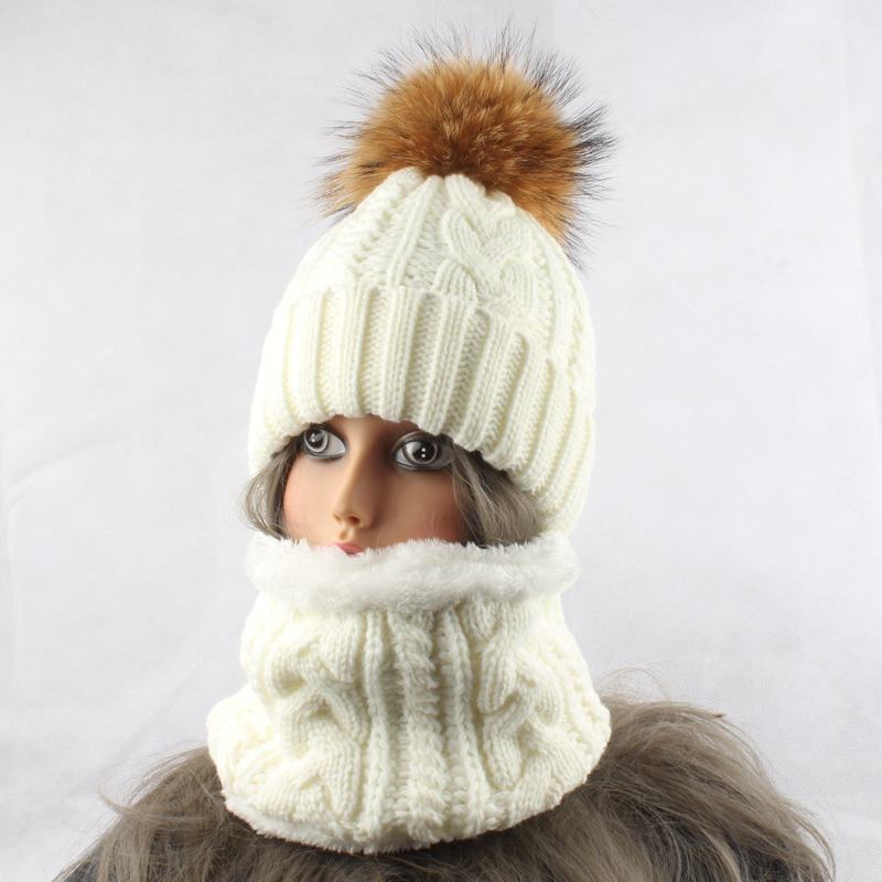 2020 Womens Hat With Scarf Warm Fleece Inside Beanie Girls Winter Cap For Women Real Mink Fur Pompom Hat Female Knitted Caps LJ200915