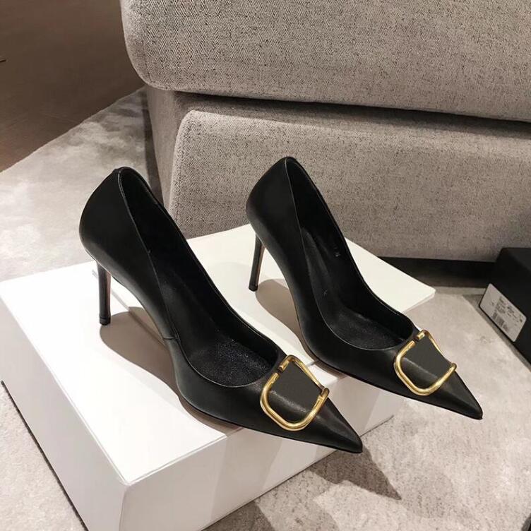 Luxury Desinger women thin heels allmatch temperament metal V buckle French pointed single shoes shallow mouth women shoes