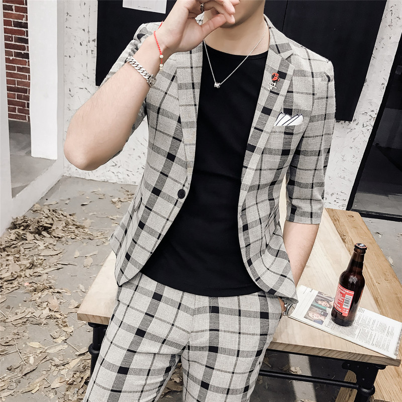 New Spring Men' Wedding Men Suit Korean Self-cultivation Single Buckle Lattice British Banquet Small Suit Two-piece Set
New Spring Men' Wedding Men Suit Korean Self-cultivation Single Buckle Lattice British Banquet Small Suit Two-piece Set